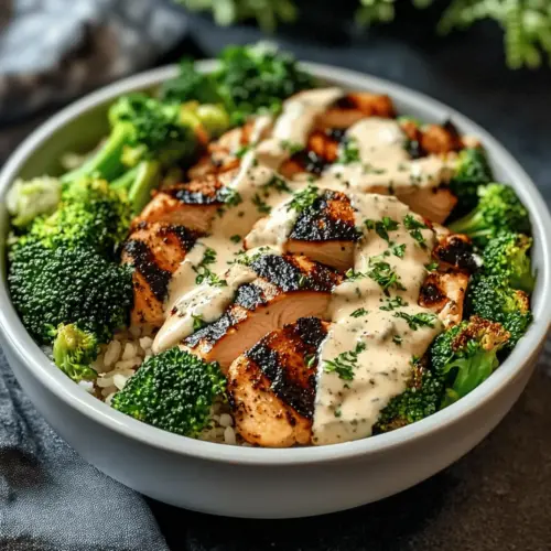 Grilled Chicken & Broccoli Bowls with Creamy Garlic Sauce