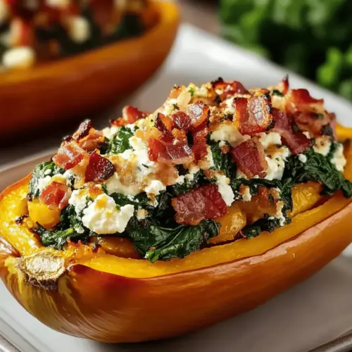 Stuffed Butternut Squash w Feta Spinach Bacon