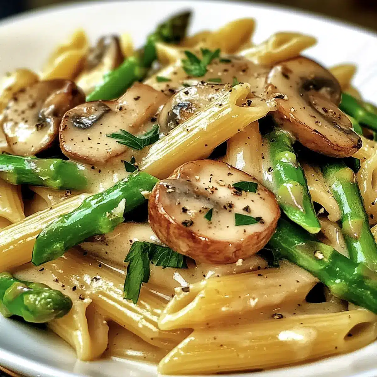 Savory Chicken Penne with Creamy Mushroom and Asparagus