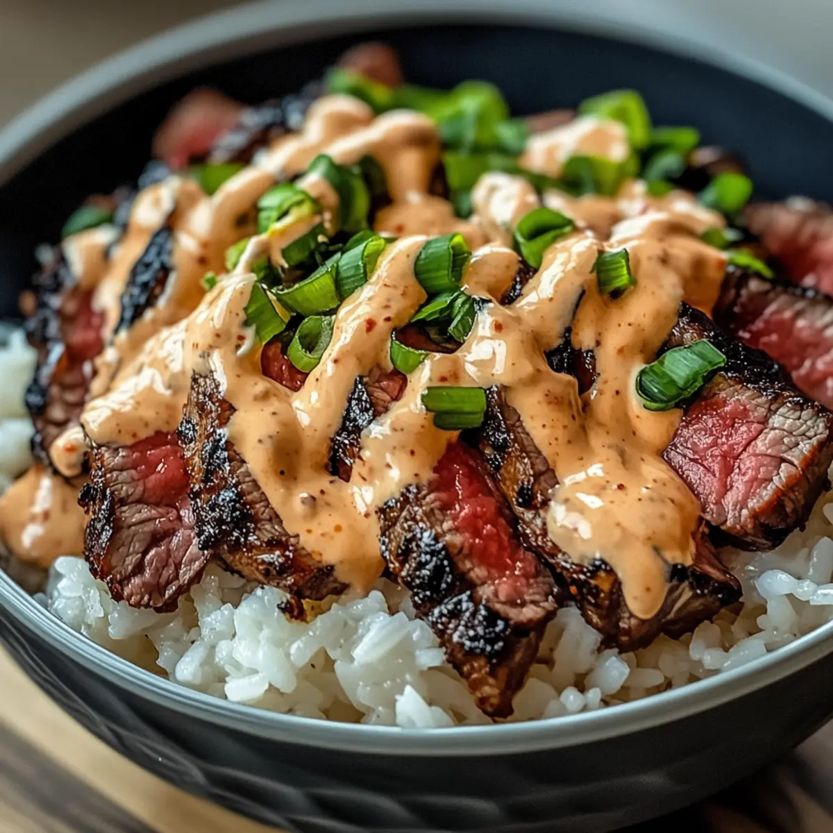 BBQ Steak Rice Bowls with Spicy Cream Sauce