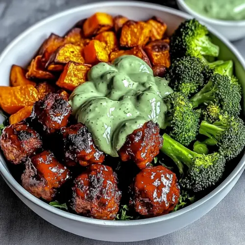 Barbecue Meatball Bowls with Creamy Avocado Sauce