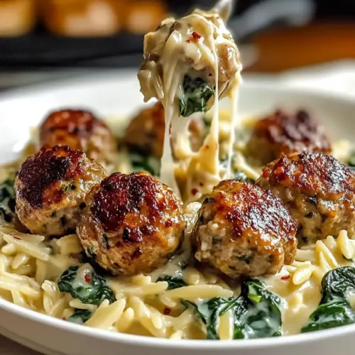 Baked Chicken Ricotta Meatballs with Creamy Spinach Orzo