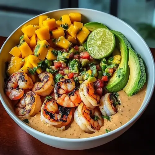 Shrimp and Avocado Bowls with Mango Salsa & Lime-Chili Sauce