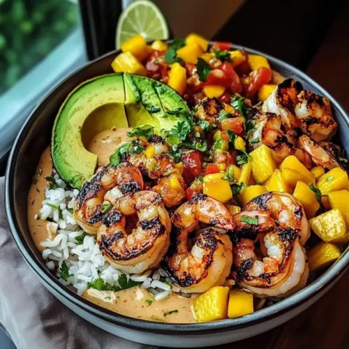 Shrimp and Avocado Bowls with Mango Salsa & Lime-Chili Sauce