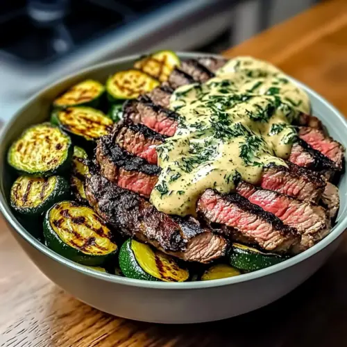Grilled Steak Bowl with Sauce & Grilled Zucchini
