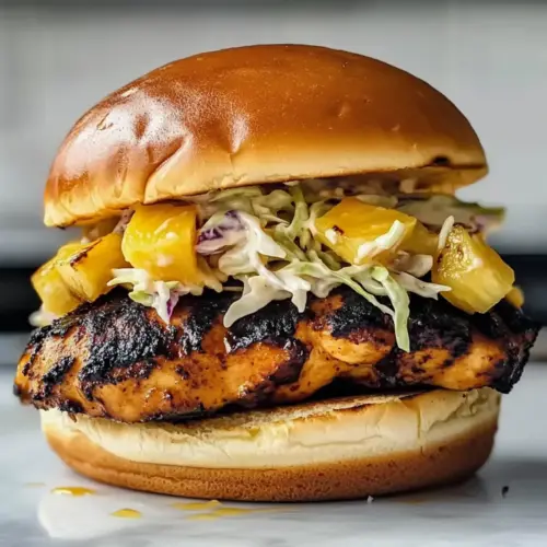 Jerk Chicken Sandwich with Grilled Pineapple and Coleslaw