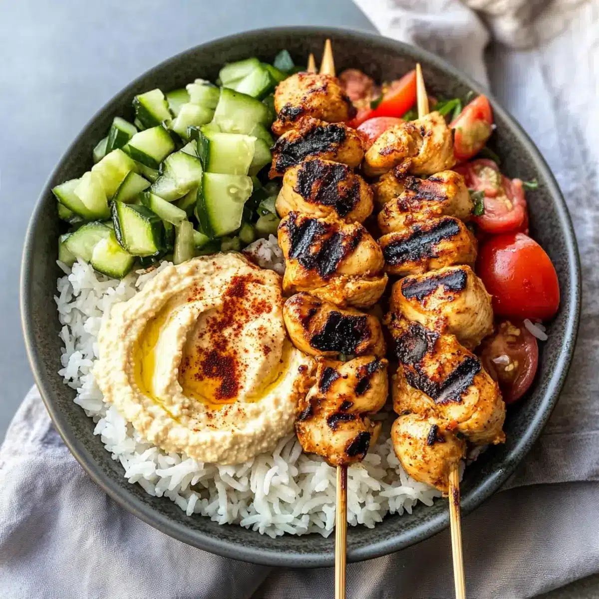 Mediterranean Rice Bowl with Grilled Chicken Tawook Skewers
