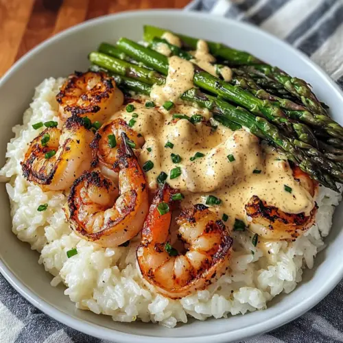 Grilled Shrimp Bowl with Asparagus & Creamy Garlic Sauce