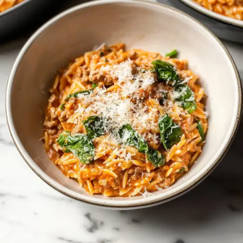 Ground Beef Orzo with Tomato Cream Sauce