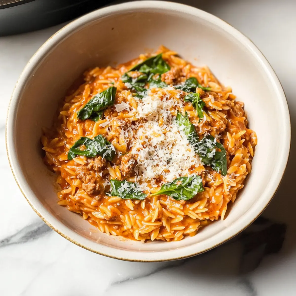 Ground Beef Orzo with Tomato Cream Sauce