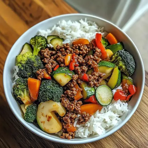 Spicy Ground Beef Stir-Fry Bowl with Garlic Veggies & Steamy Rice