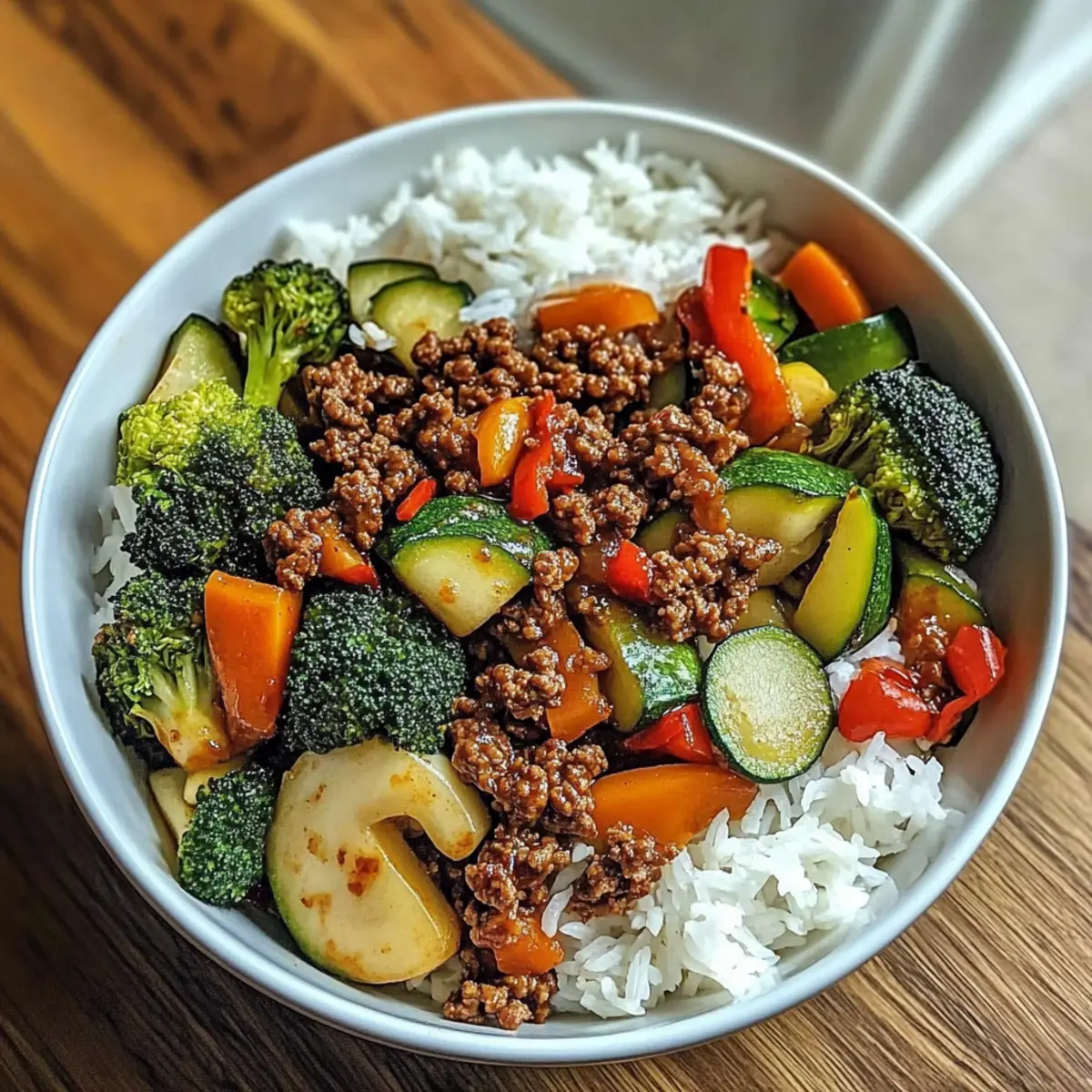 Spicy Ground Beef Stir-Fry Bowl with Garlic Veggies & Steamy Rice